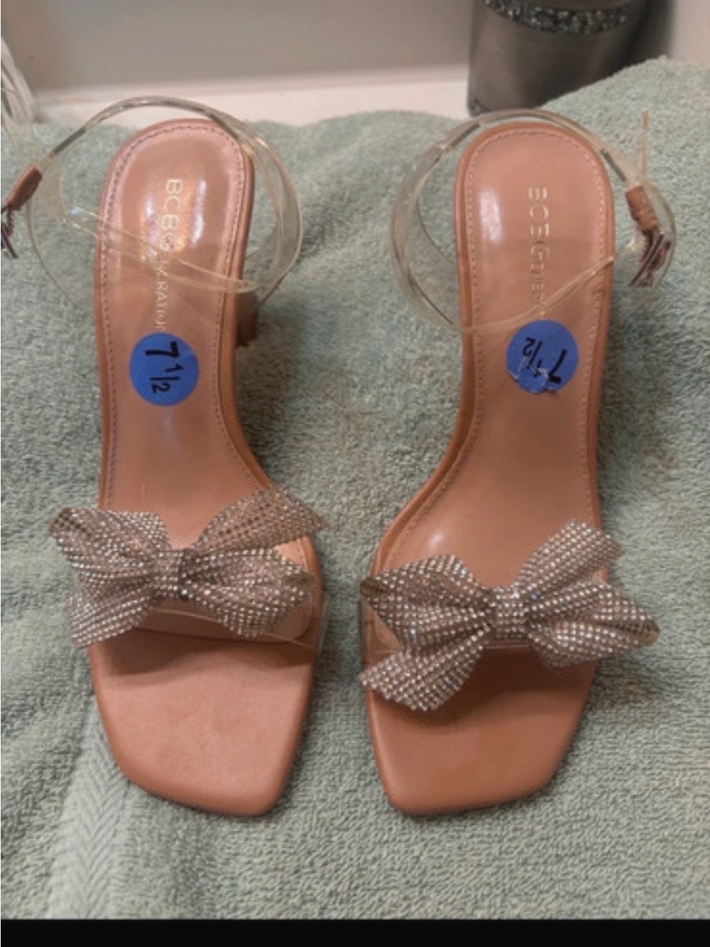 bebe Nude Crystal Bow Clear-Strap Heels